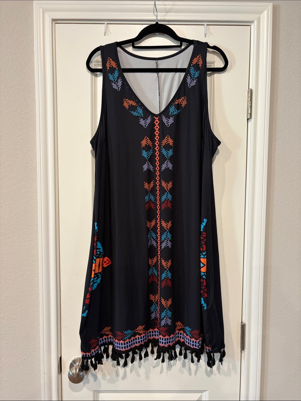 SHEIN Black Sleeveless Mini Dress with Blue, Orange, Purple, Red Embroidery